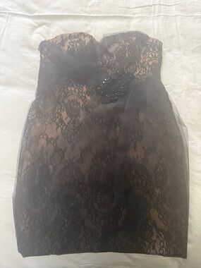 Marchesa Black Lace Strapless Cocktail Dress with Nude Underlay and Beading